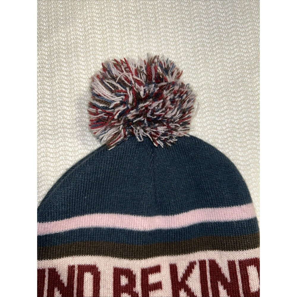 BE KIND Knit Stocking Hat Beanie Ski Cap Adult with Pom Pom Dark Teal Blue Multi